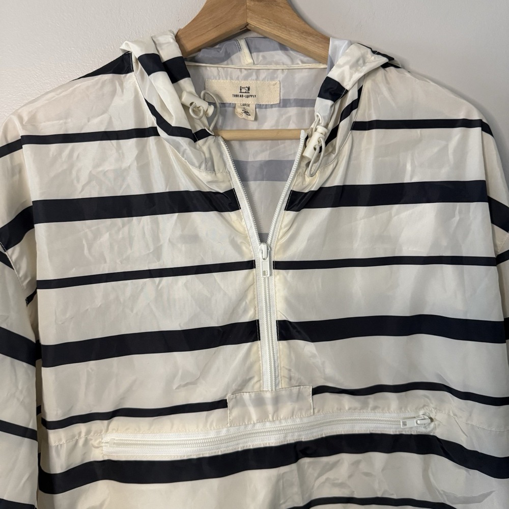 Thread & Supply Hooded Pullover Windbreaker Black Ivory Stripe Sz L NWT MSRP $66 - Picture 4 of 11